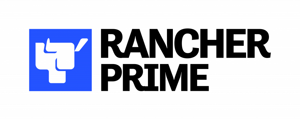 Rancher Prime logo featuring a blue square with a white abstract symbol on the left and the words 'Rancher Prime' in bold black text on the right.