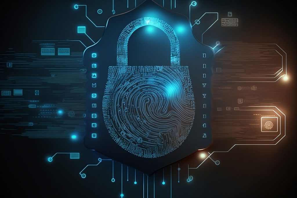 Digital security concept image featuring a glowing padlock with a fingerprint design on a circuit board background, symbolizing cybersecurity and data protection. The image includes various digital elements and connections, emphasizing the integration and security of digital information.