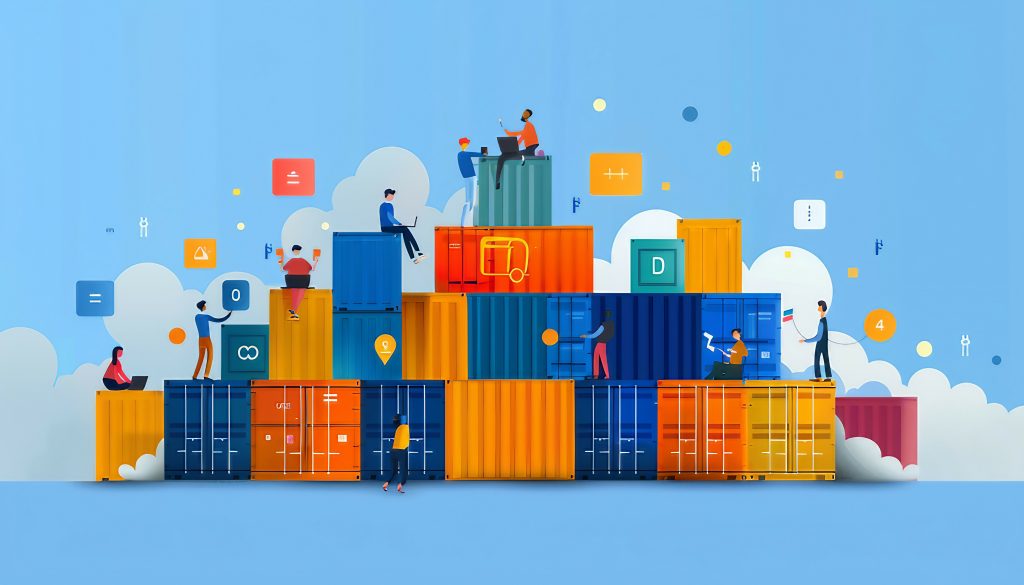Illustration of people interacting with colorful shipping containers stacked in a pyramid shape, symbolizing Docker and Kubernetes, against a blue background with cloud icons and various tech symbols.