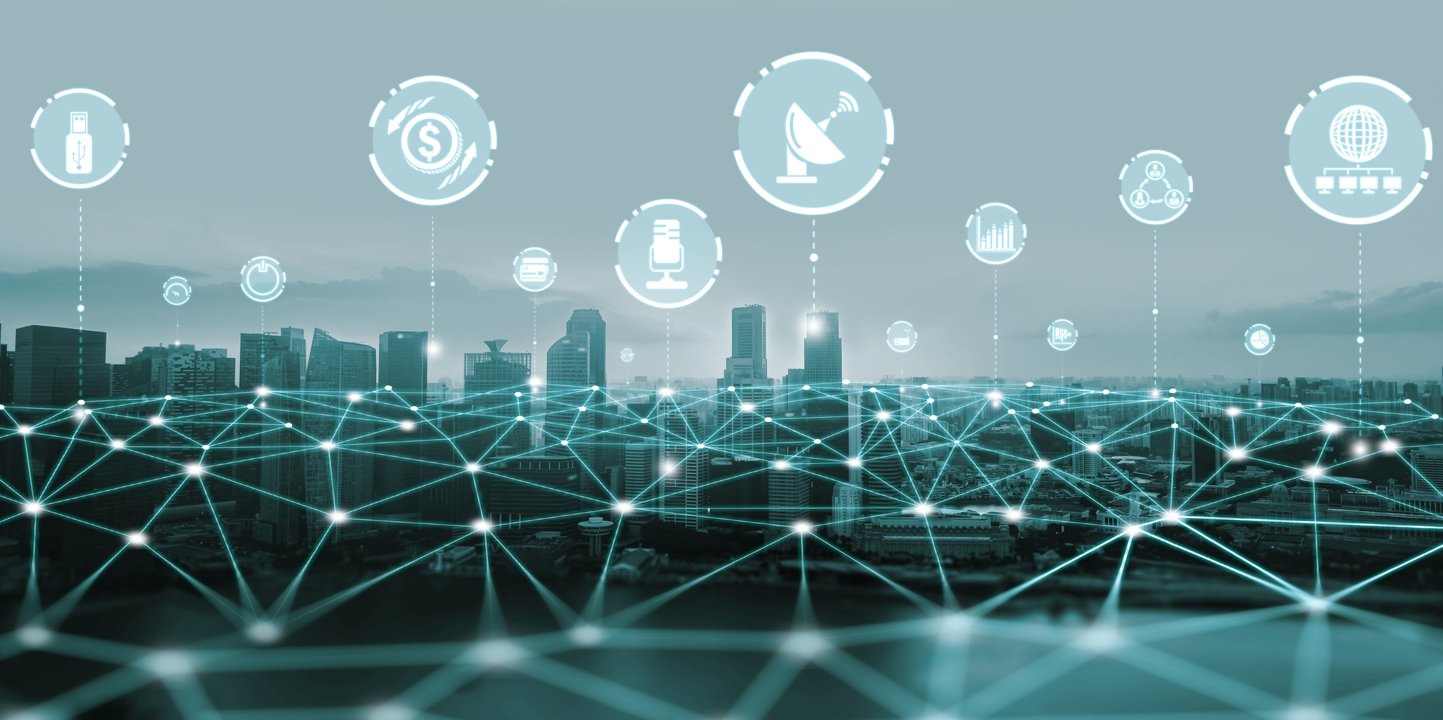 The modern communication and internet network, connected by edge computing. Concept of 5G wireless digital connection and internet of things future.