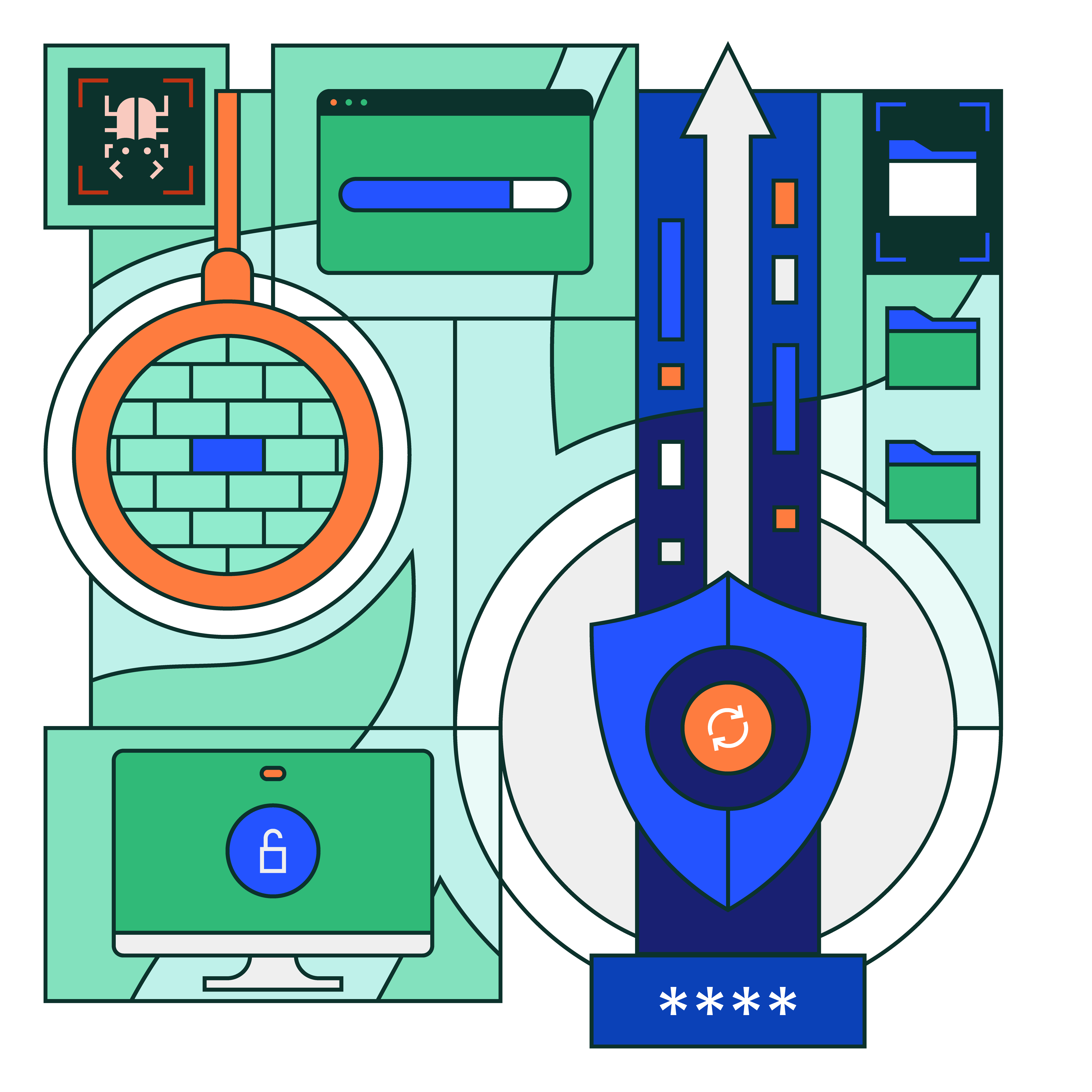 Illustration that includes a wall, bug, and shield communicating how SUSE helps users with securing Linux servers. 