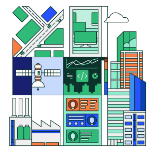 Illustration of edge computing use cases, including smart cities, satellites, inventory management, and real-time data analytics