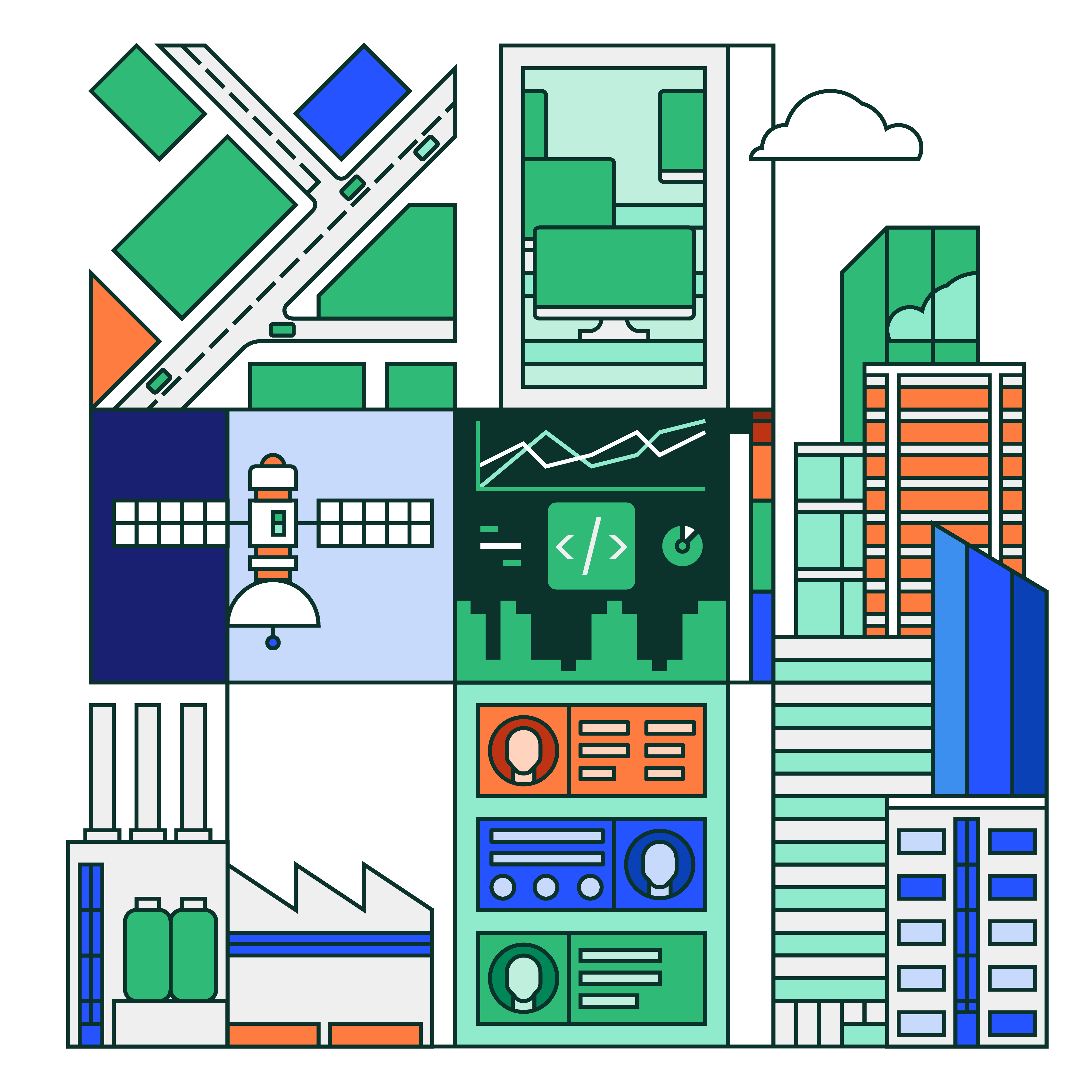 Illustration of edge computing use cases, including smart cities, satellites, inventory management, and real-time data analytics