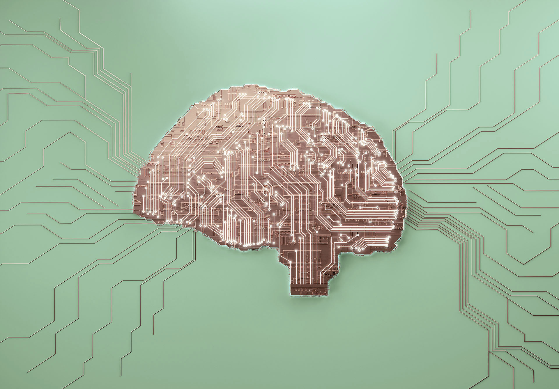 Network in a brain shape, representing artificial intelligence