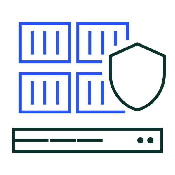 Illustration of containers and a shield, representing security and compliance in containerized environments