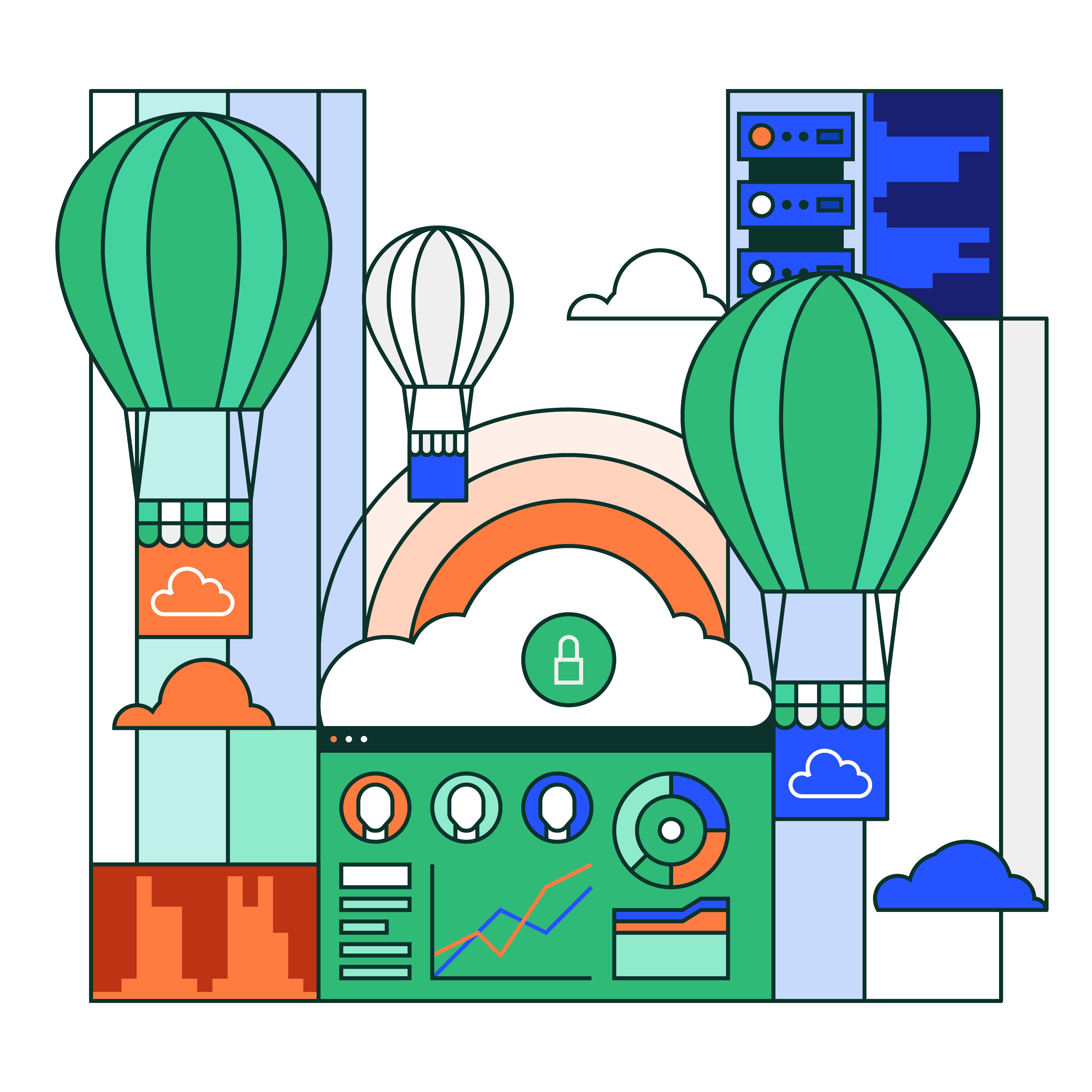 Illustration depicting hybrid cloud technology. Automation in container management powers hybrid cloud IT.