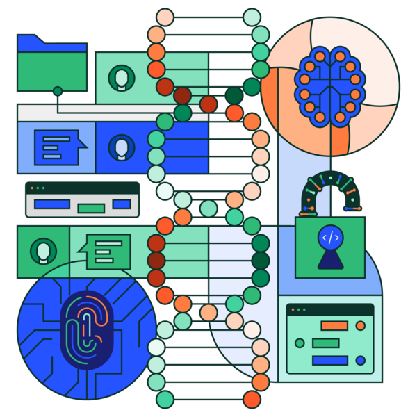 Illustration with a DNA strand, lock, comments, and files, representing open source collaboration in SUSE's DNA